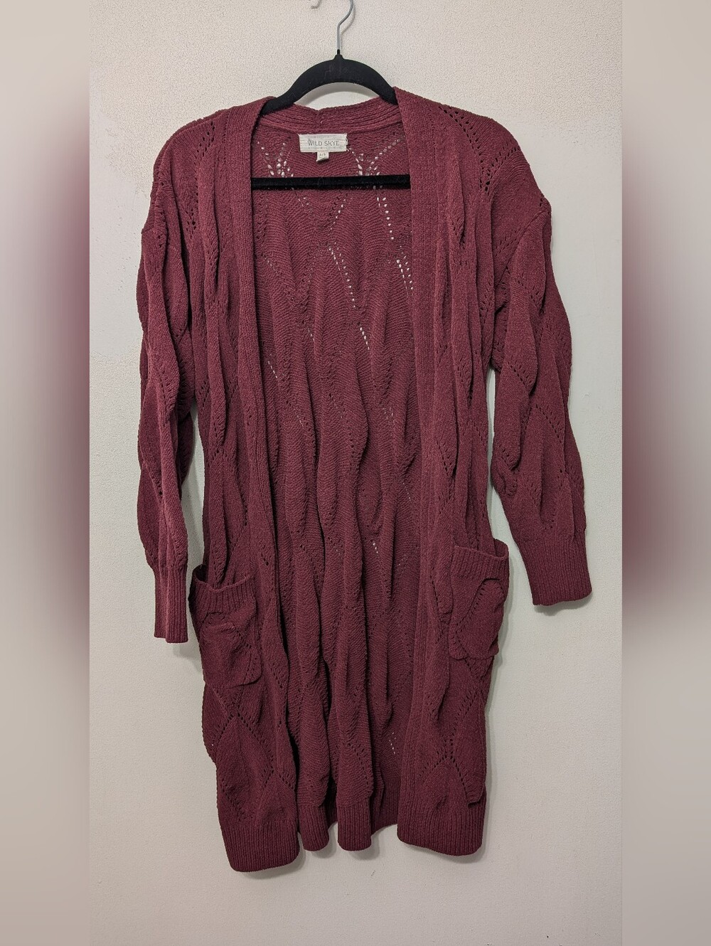 Wild Skye Open-Front Long Knit Cardigan Sweater in Berry / Burgundy